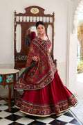 Lorenvalley Fashion Red Tasar Silk Gamthi Print With Embossed Design And Gotta Patti Lace Touch Up Lehenga Choli with Dupatta | Grocsy