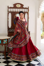 Lorenvalley Fashion Red Tasar Silk Gamthi Print With Embossed Design And Gotta Patti Lace Touch Up Lehenga Choli with Dupatta | Grocsy