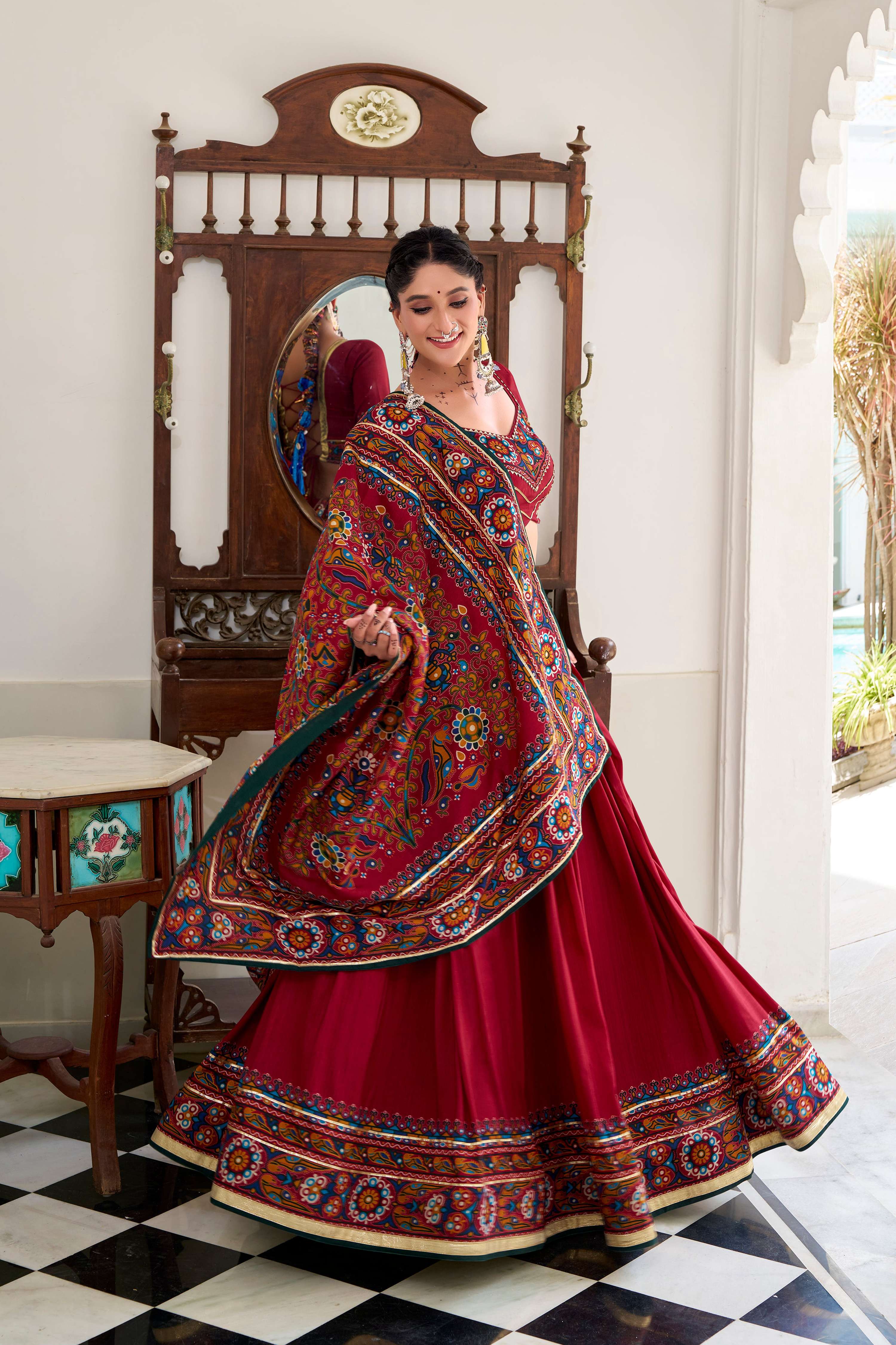 Lorenvalley Fashion Red Tasar Silk Gamthi Print With Embossed Design And Gotta Patti Lace Touch Up Lehenga Choli with Dupatta | Grocsy