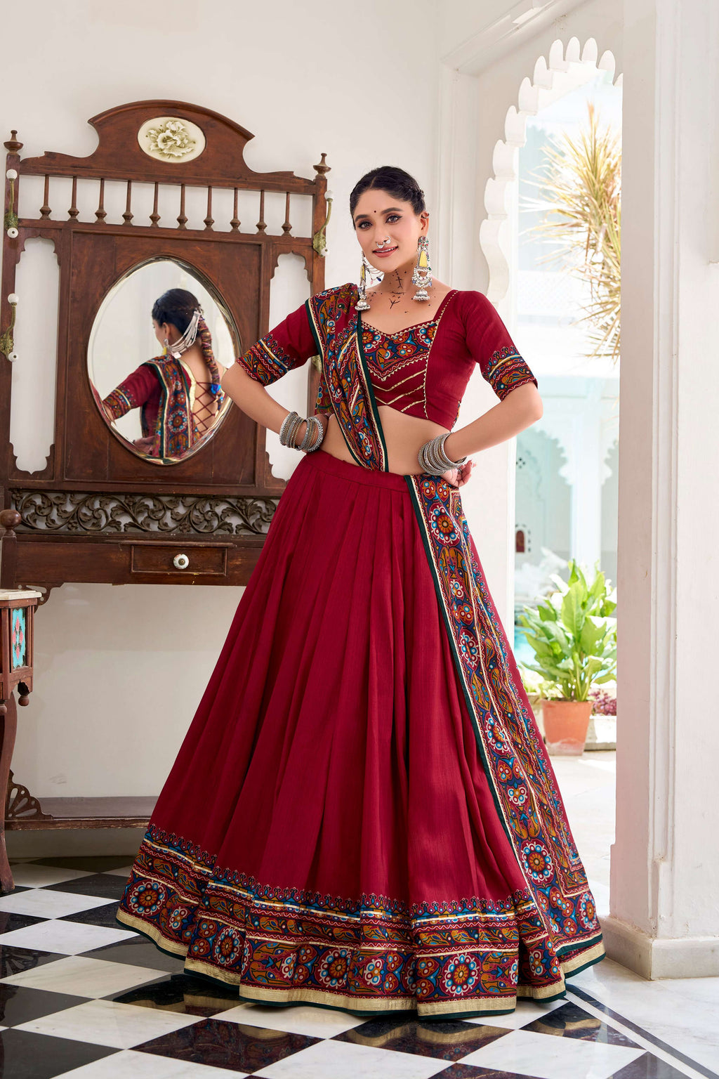 Lorenvalley Fashion Red Tasar Silk Gamthi Print With Embossed Design And Gotta Patti Lace Touch Up Lehenga Choli with Dupatta | Grocsy