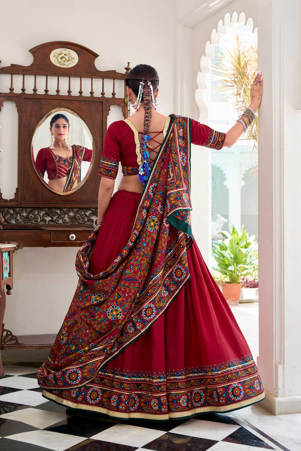 Lorenvalley Fashion Red Tasar Silk Gamthi Print With Embossed Design And Gotta Patti Lace Touch Up Lehenga Choli with Dupatta | Grocsy