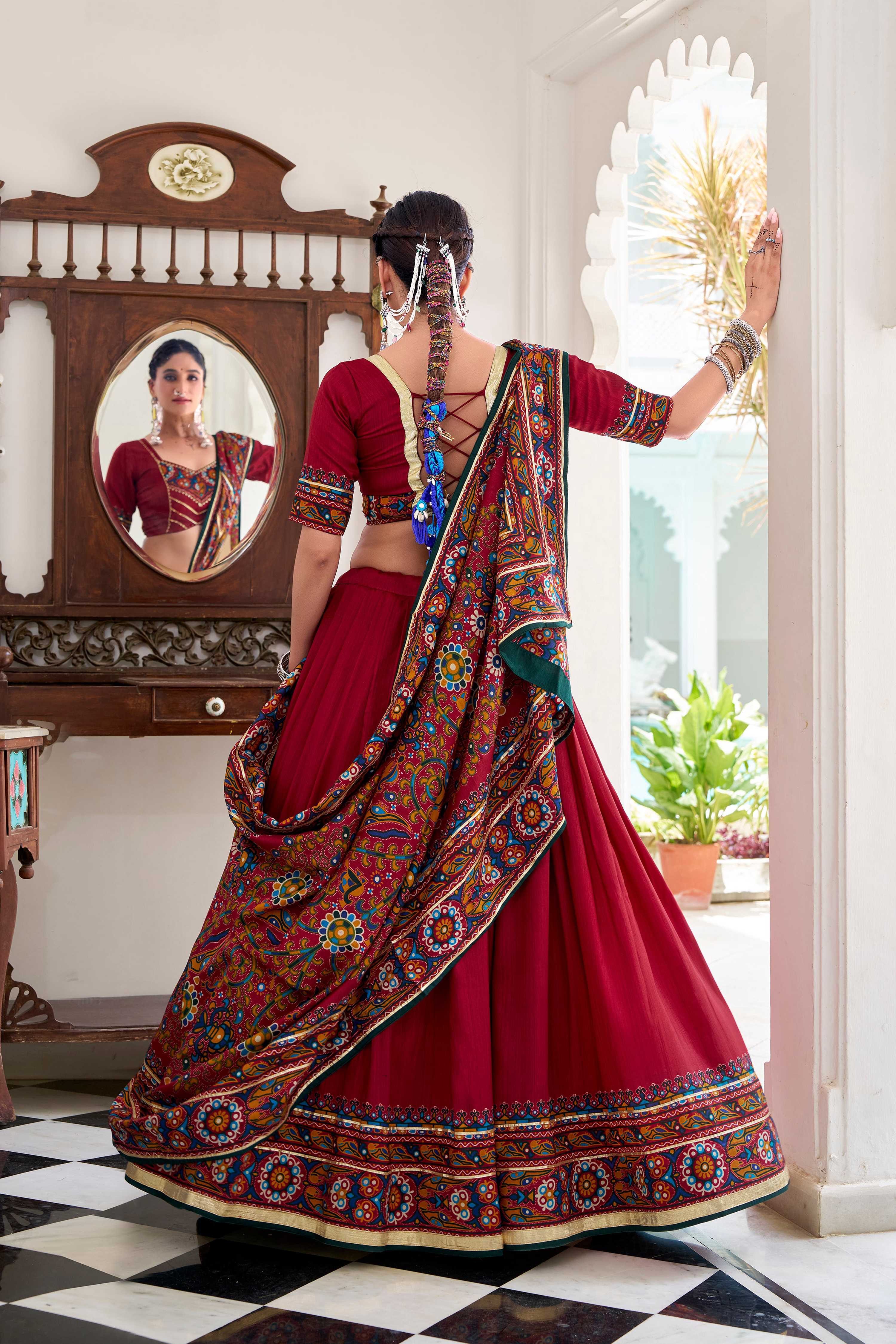 Lorenvalley Fashion Red Tasar Silk Gamthi Print With Embossed Design And Gotta Patti Lace Touch Up Lehenga Choli with Dupatta | Grocsy