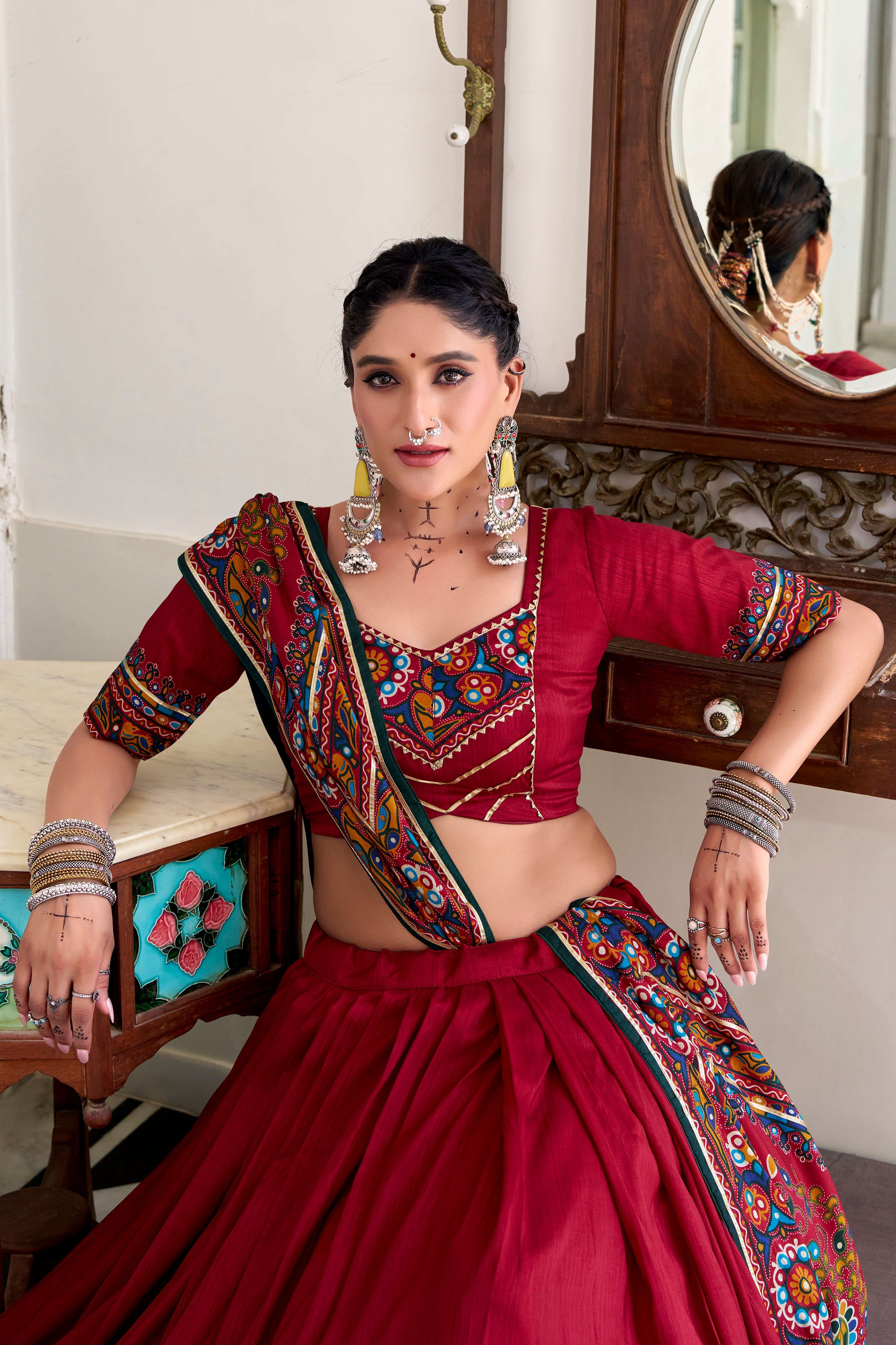 Lorenvalley Fashion Red Tasar Silk Gamthi Print With Embossed Design And Gotta Patti Lace Touch Up Lehenga Choli with Dupatta | Grocsy