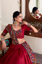 Lorenvalley Fashion Red Tasar Silk Gamthi Print With Embossed Design And Gotta Patti Lace Touch Up Lehenga Choli with Dupatta | Grocsy