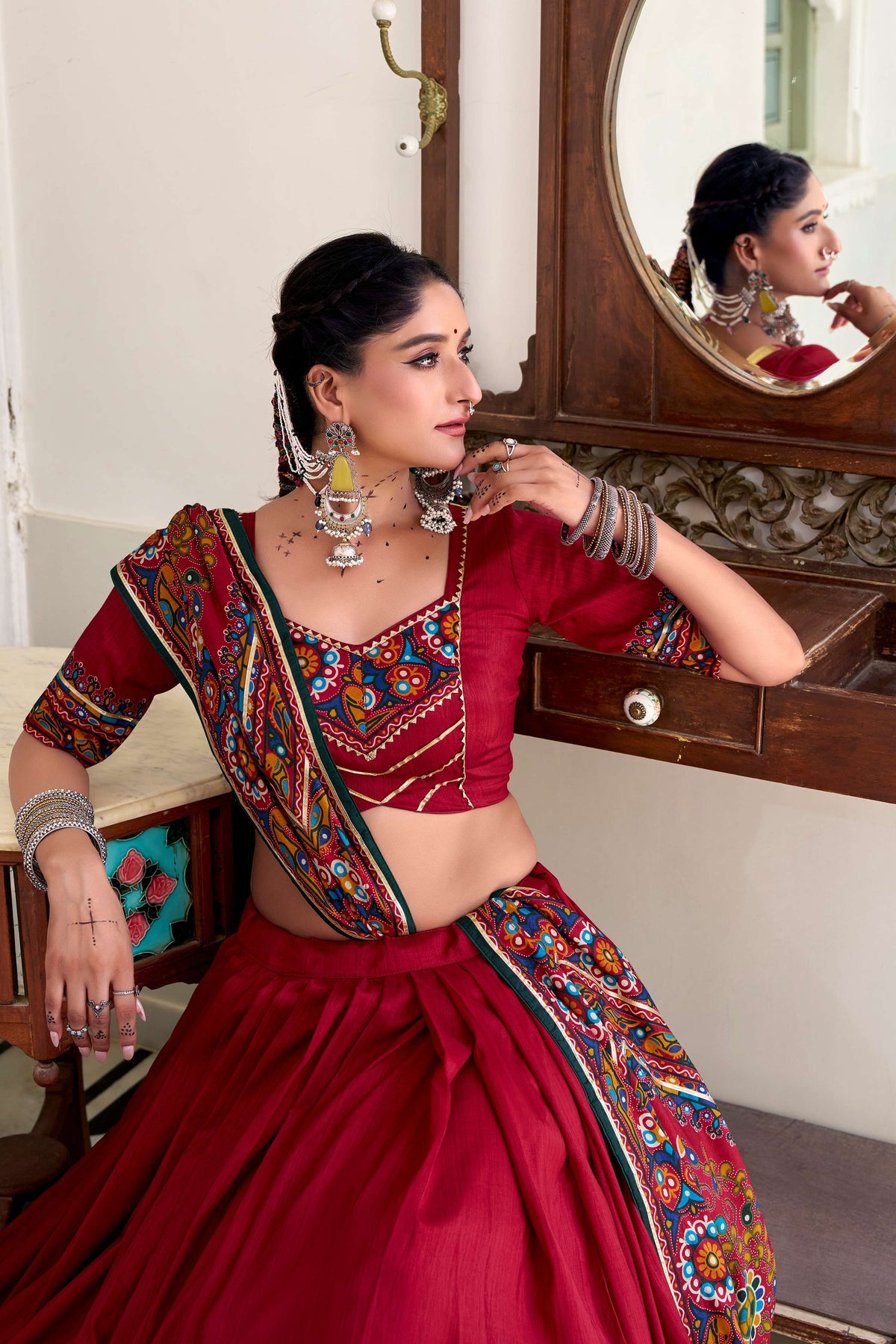 Lorenvalley Fashion Red Tasar Silk Gamthi Print With Embossed Design And Gotta Patti Lace Touch Up Lehenga Choli with Dupatta | Grocsy