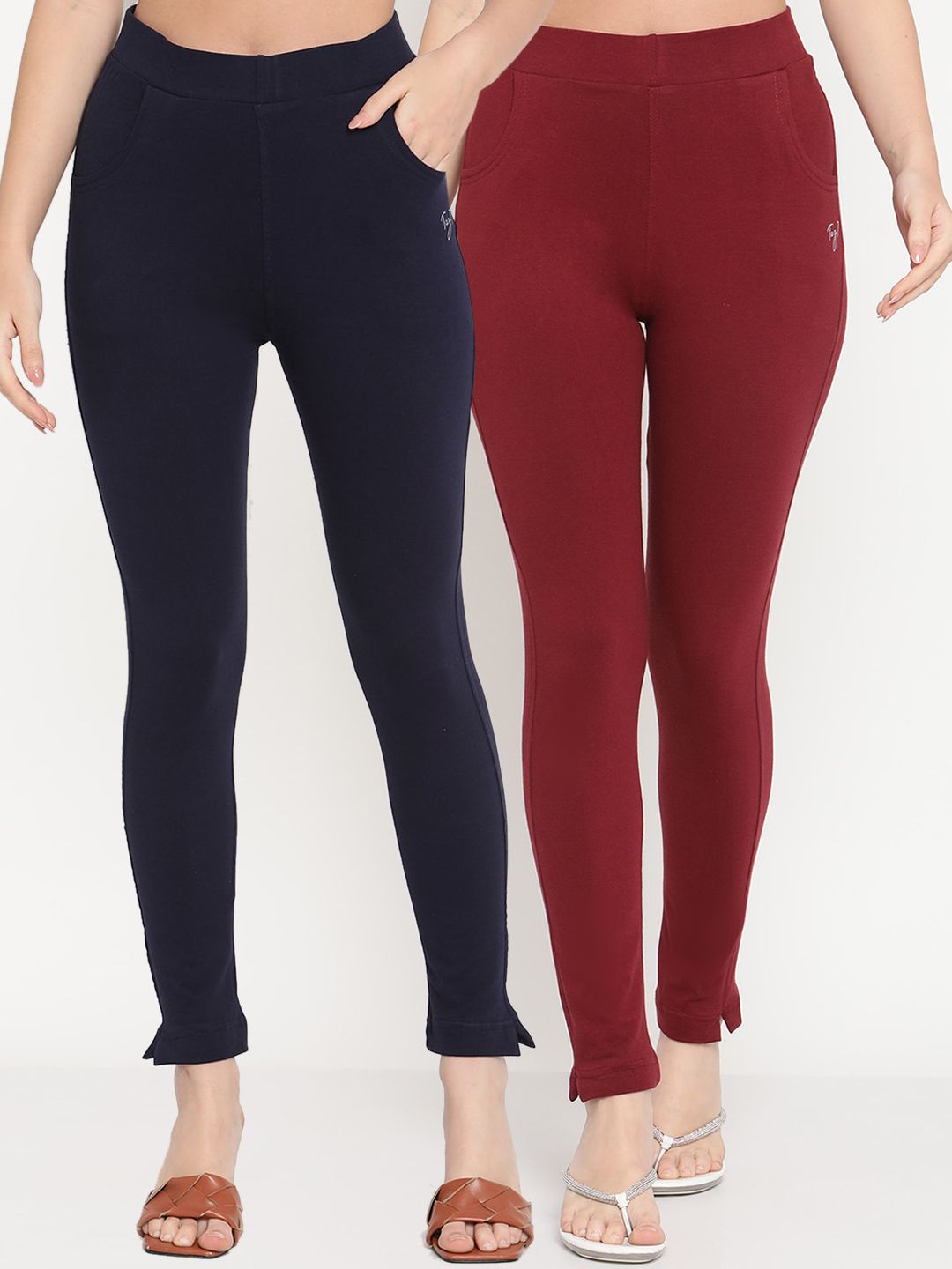 TAG 7 Set Of 2 Maroon & Navy Blue Solid Leggings | Grocsy