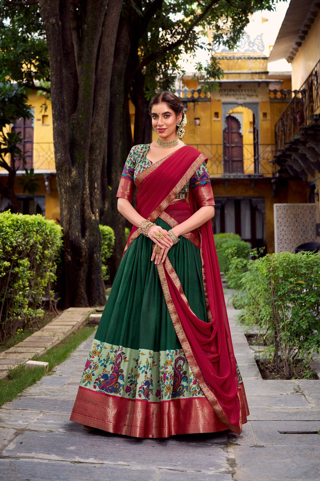 Lorenvalley Fashion Green Aastha Silk Printed with Zari Weaving Work Lehenga Choli with Dupatta | Grocsy