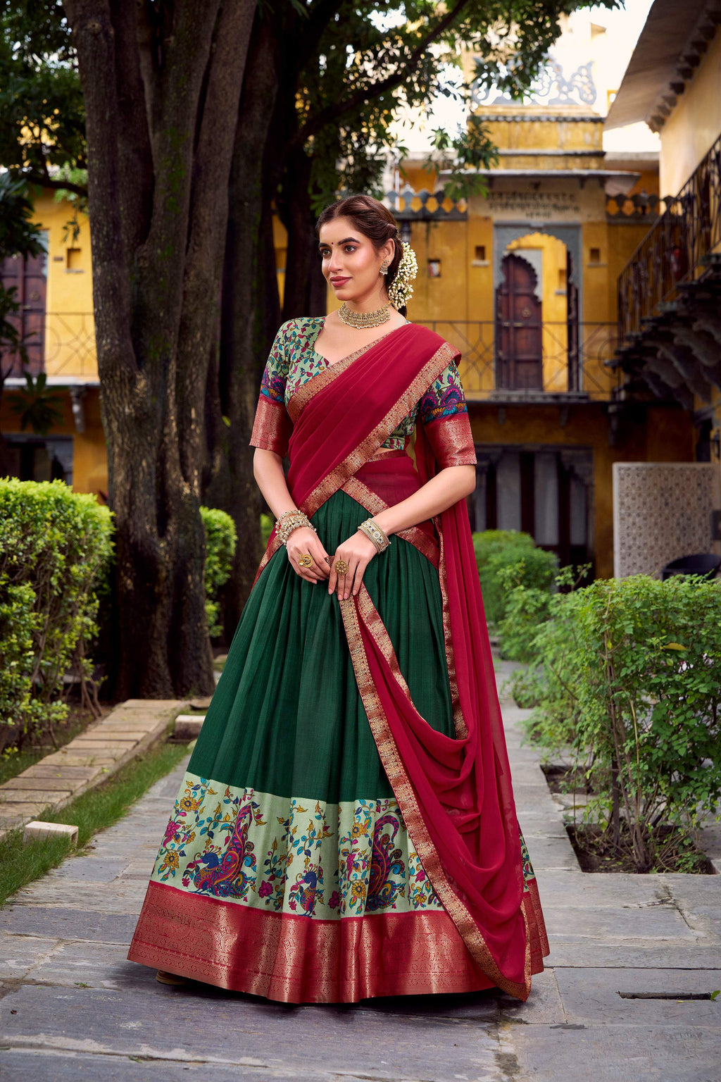 Lorenvalley Fashion Green Aastha Silk Printed with Zari Weaving Work Lehenga Choli with Dupatta | Grocsy