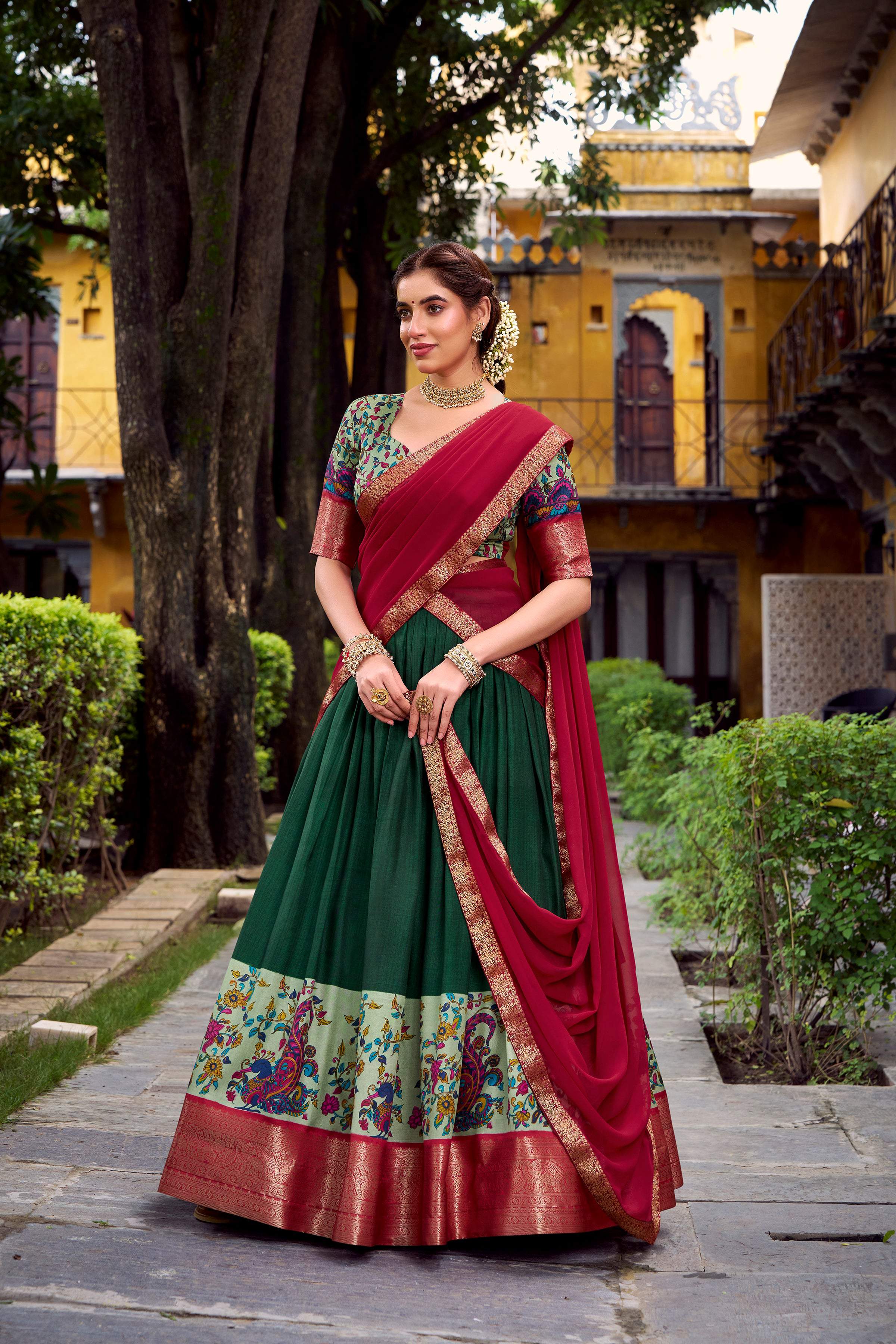 Lorenvalley Fashion Green Aastha Silk Printed with Zari Weaving Work Lehenga Choli with Dupatta | Grocsy