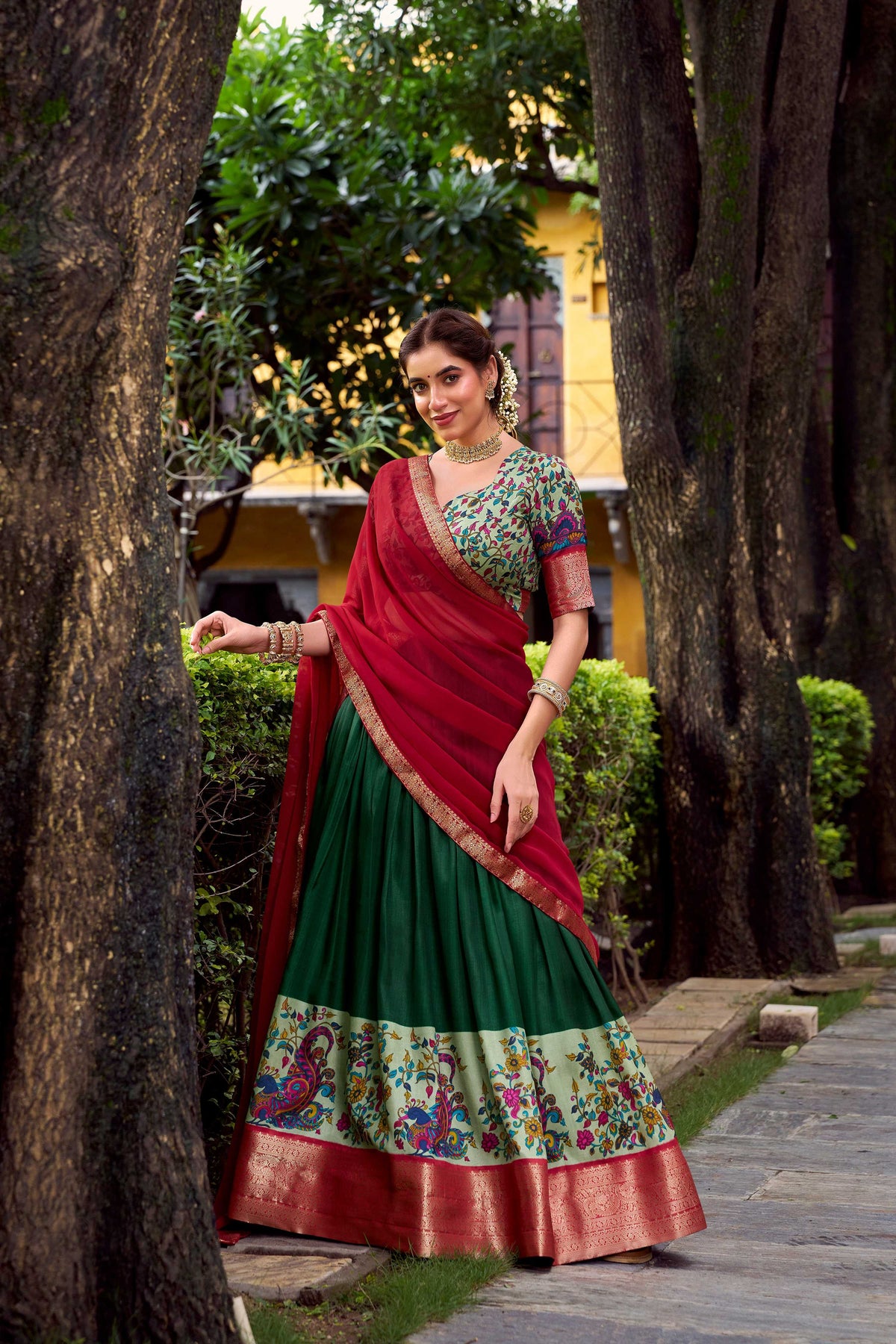 Lorenvalley Fashion Green Aastha Silk Printed with Zari Weaving Work Lehenga Choli with Dupatta | Grocsy