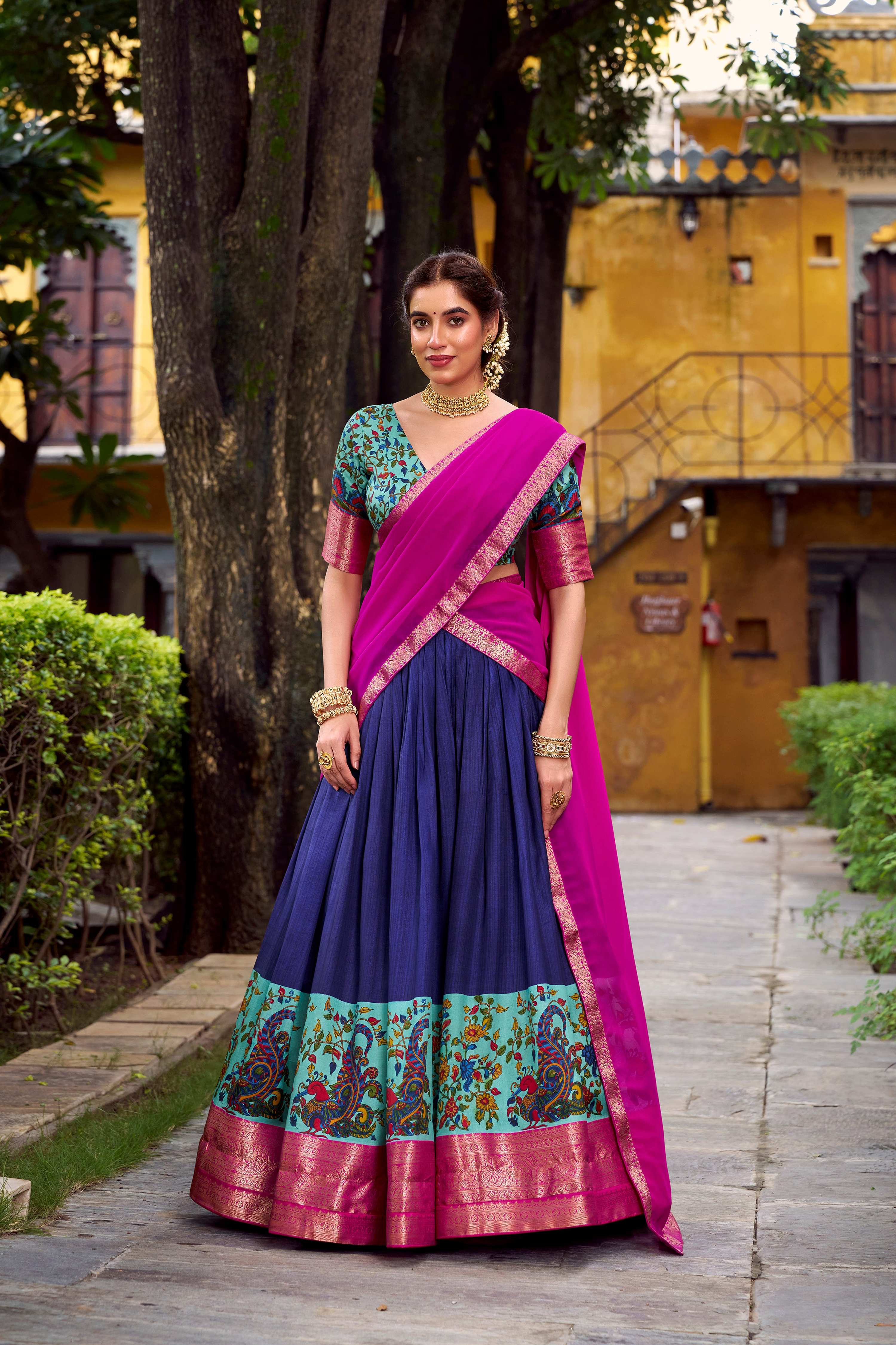 Lorenvalley Fashion Navy Blue Aastha Silk Printed with Zari Weaving Work Lehenga Choli with Dupatta | Grocsy