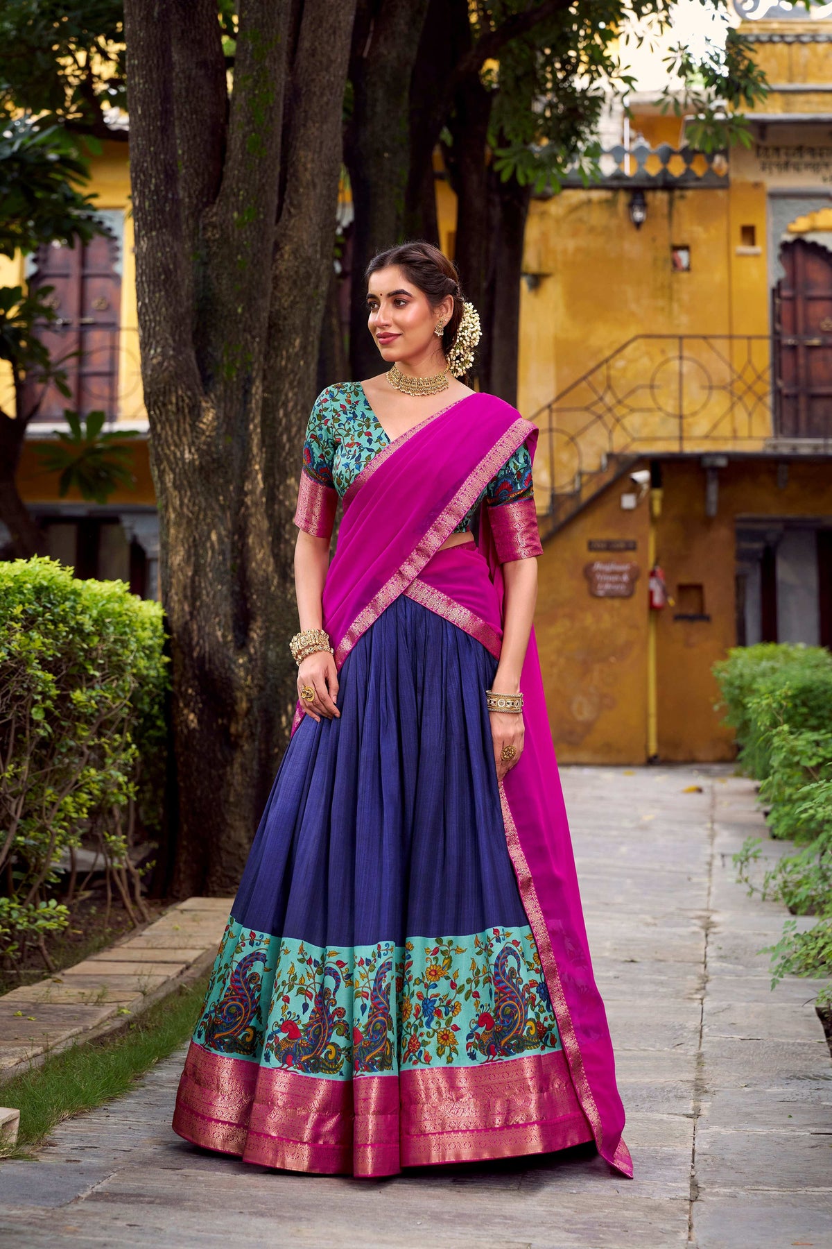 Lorenvalley Fashion Navy Blue Aastha Silk Printed with Zari Weaving Work Lehenga Choli with Dupatta | Grocsy