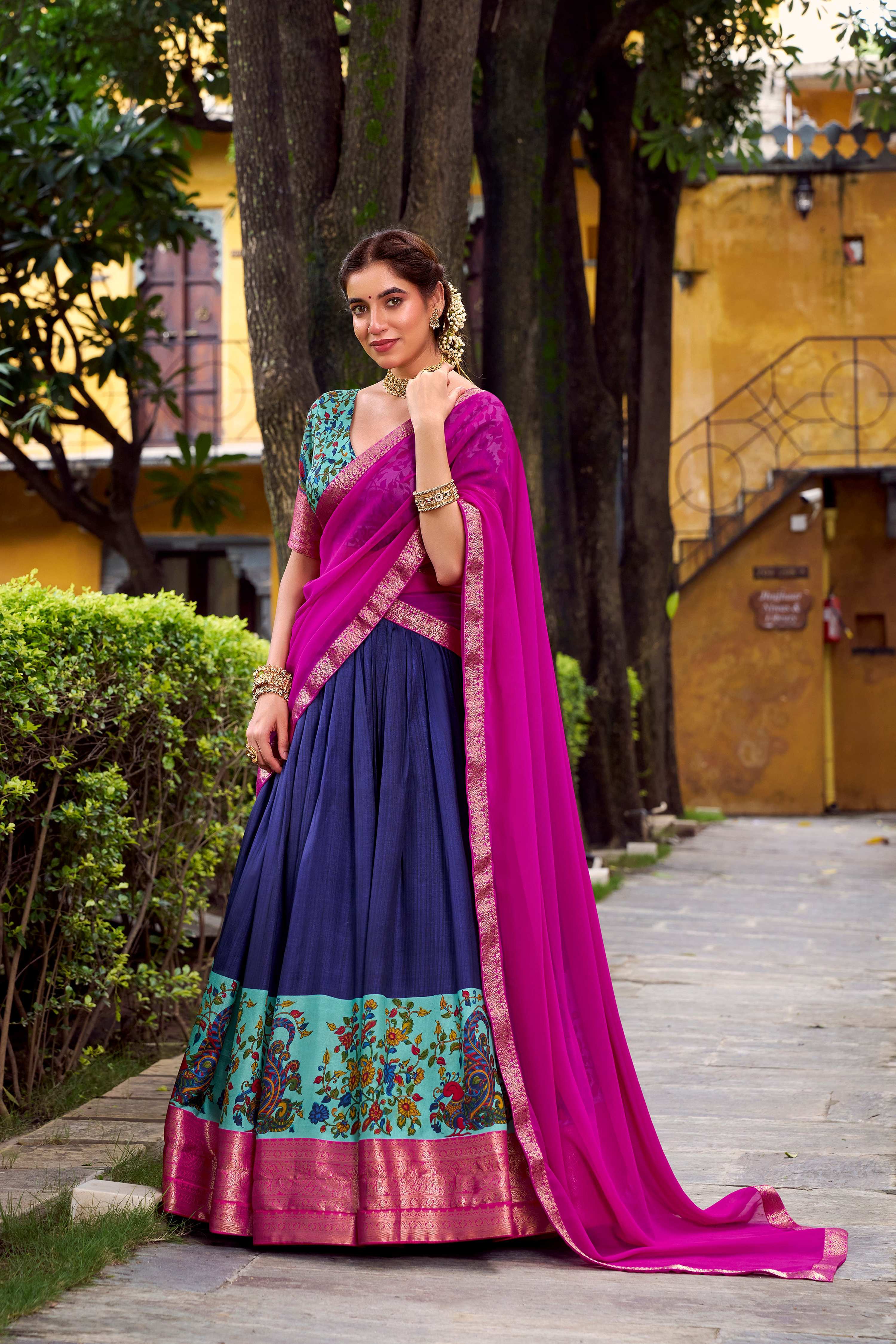 Lorenvalley Fashion Navy Blue Aastha Silk Printed with Zari Weaving Work Lehenga Choli with Dupatta | Grocsy