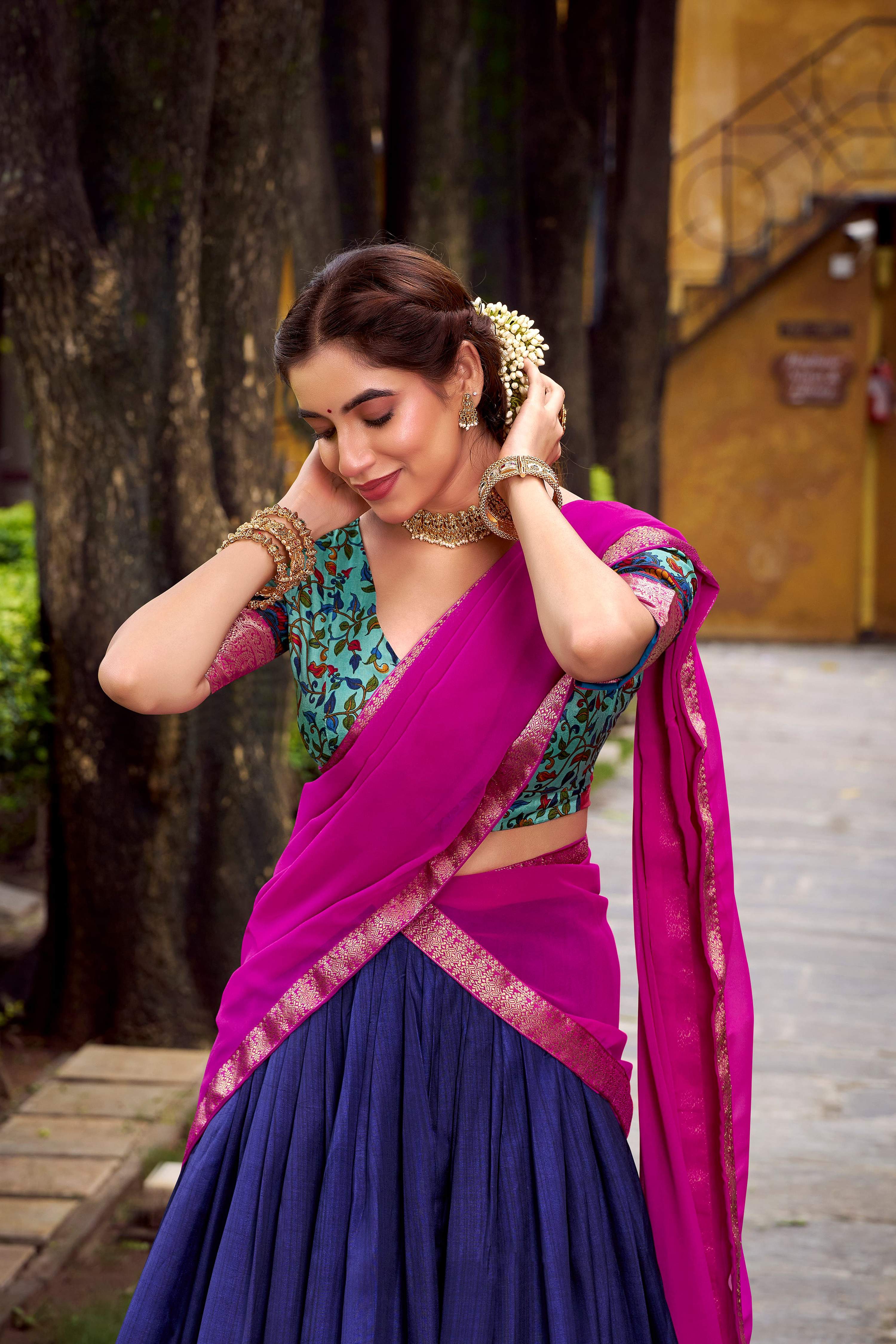 Lorenvalley Fashion Navy Blue Aastha Silk Printed with Zari Weaving Work Lehenga Choli with Dupatta | Grocsy
