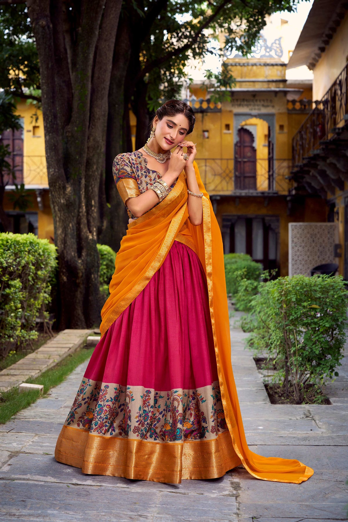 Lorenvalley Fashion Pink Aastha Silk Printed with Zari Weaving Work Lehenga Choli with Dupatta | Grocsy