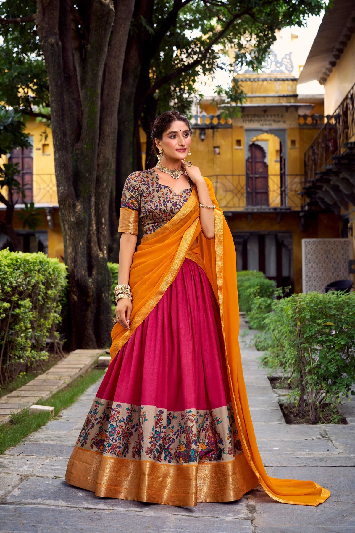 Lorenvalley Fashion Pink Aastha Silk Printed with Zari Weaving Work Lehenga Choli with Dupatta | Grocsy