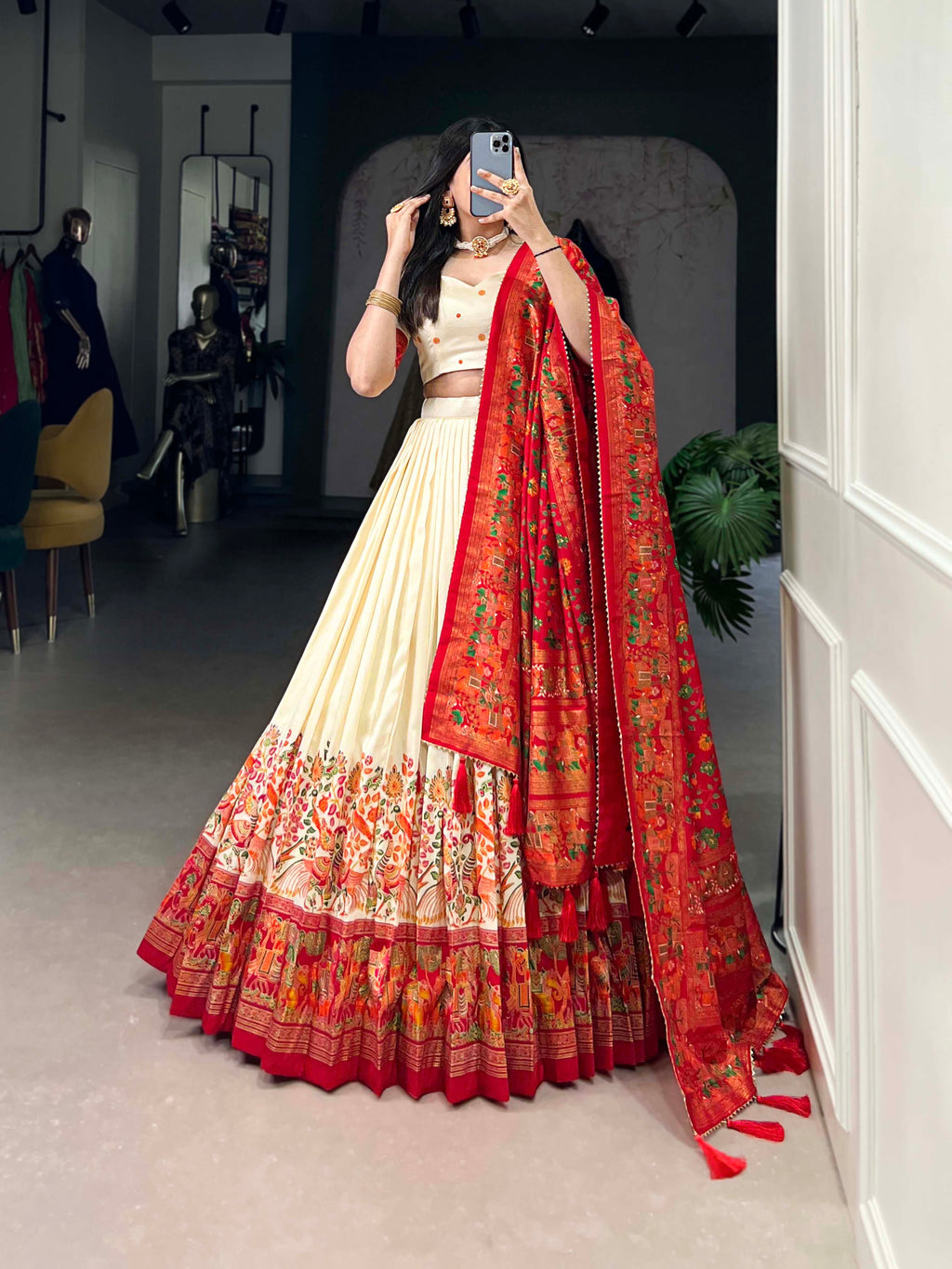 Lorenvalley Off White Tussar Silk Printed With Foil Work Lehenga Choli with Dupatta | Grocsy