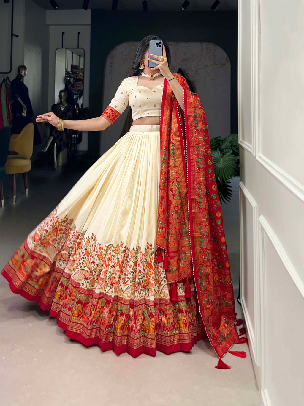 Lorenvalley Off White Tussar Silk Printed With Foil Work Lehenga Choli with Dupatta | Grocsy