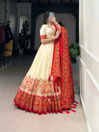 Lorenvalley Off White Tussar Silk Printed With Foil Work Lehenga Choli with Dupatta | Grocsy