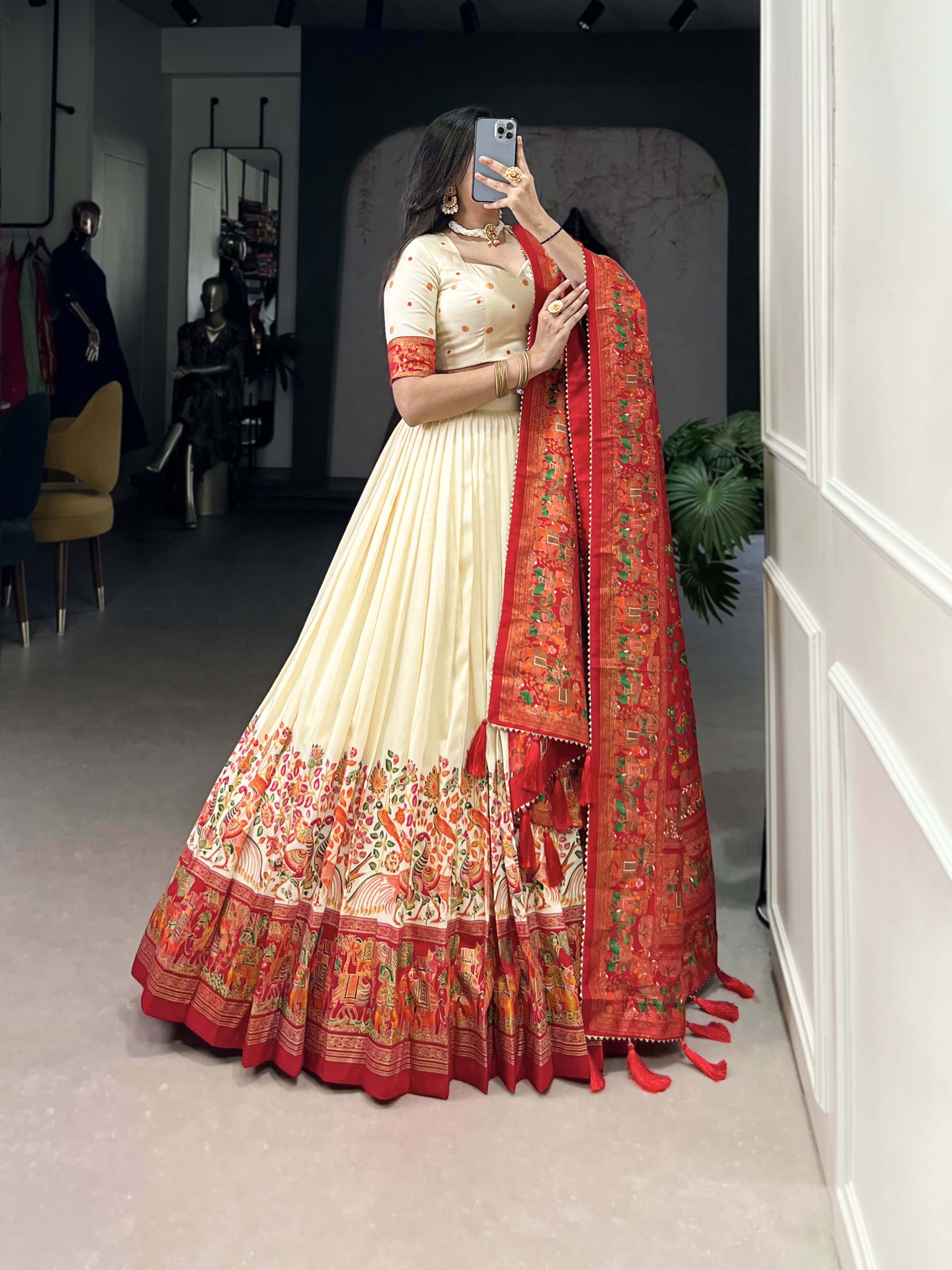 Lorenvalley Off White Tussar Silk Printed With Foil Work Lehenga Choli with Dupatta | Grocsy