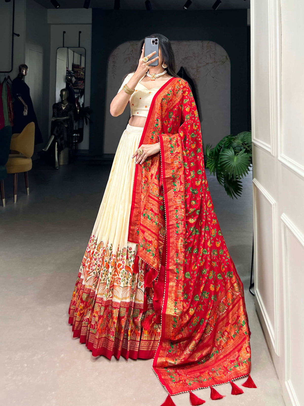 Lorenvalley Off White Tussar Silk Printed With Foil Work Lehenga Choli with Dupatta | Grocsy