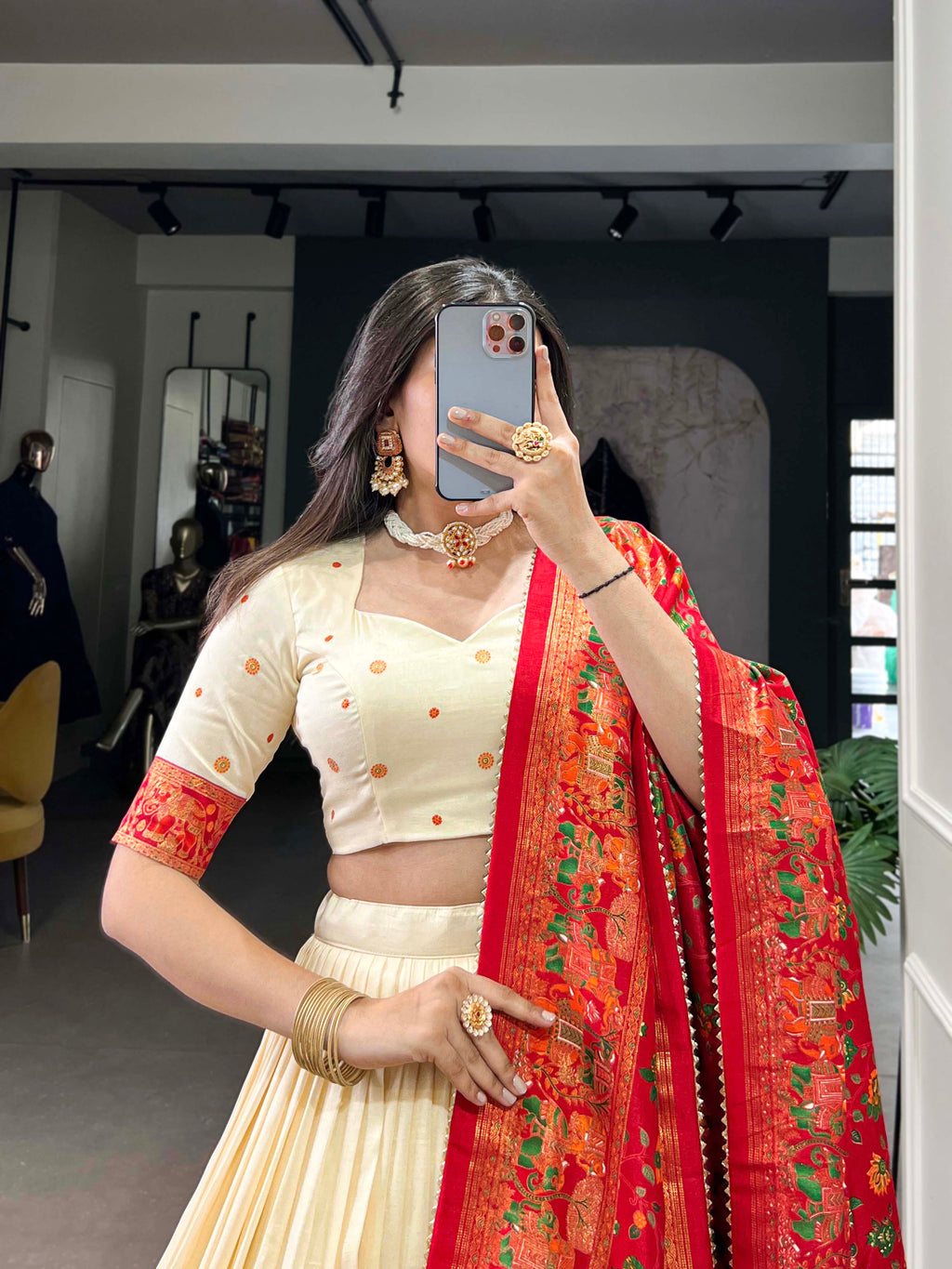 Lorenvalley Off White Tussar Silk Printed With Foil Work Lehenga Choli with Dupatta | Grocsy