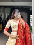 Lorenvalley Off White Tussar Silk Printed With Foil Work Lehenga Choli with Dupatta | Grocsy