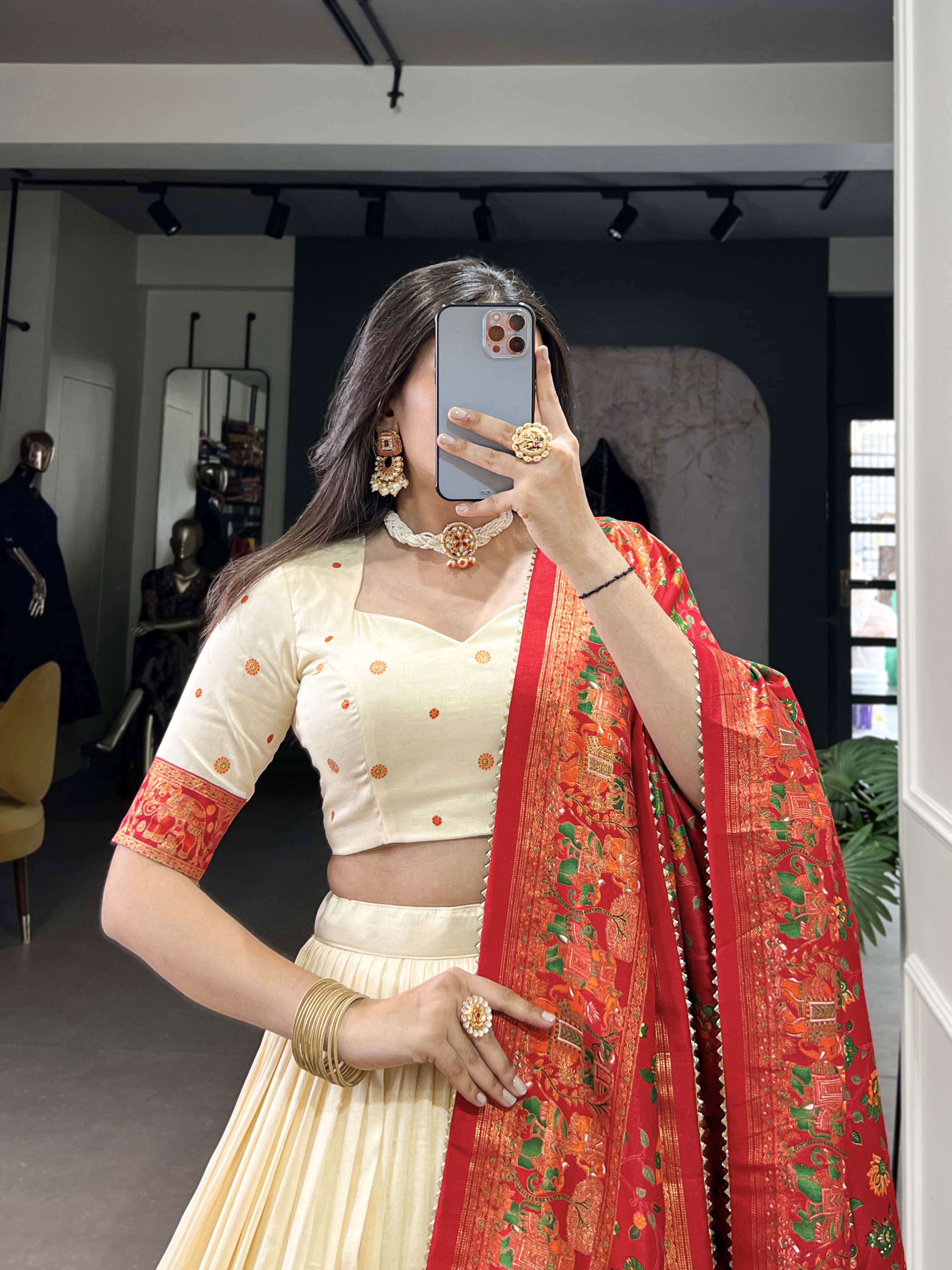 Lorenvalley Off White Tussar Silk Printed With Foil Work Lehenga Choli with Dupatta | Grocsy