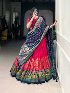 Lorenvalley Pink Tussar Silk Printed With Foil Work Lehenga Choli with Dupatta | Grocsy