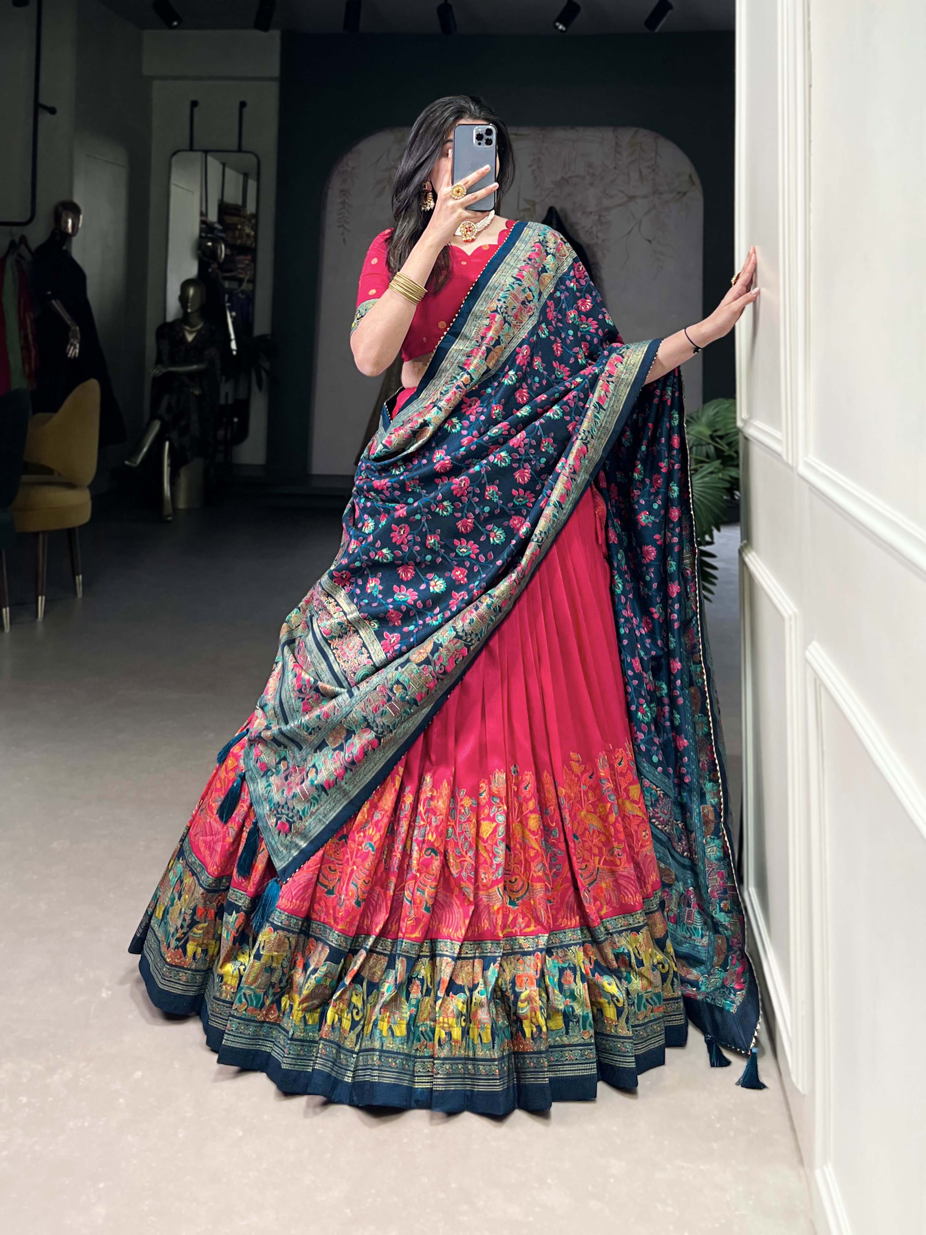 Lorenvalley Pink Tussar Silk Printed With Foil Work Lehenga Choli with Dupatta | Grocsy