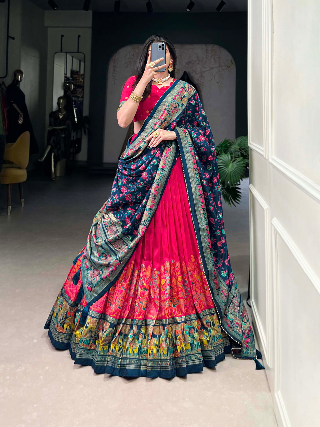 Lorenvalley Pink Tussar Silk Printed With Foil Work Lehenga Choli with Dupatta | Grocsy