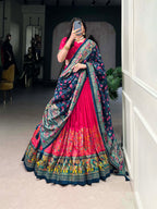Lorenvalley Pink Tussar Silk Printed With Foil Work Lehenga Choli with Dupatta | Grocsy