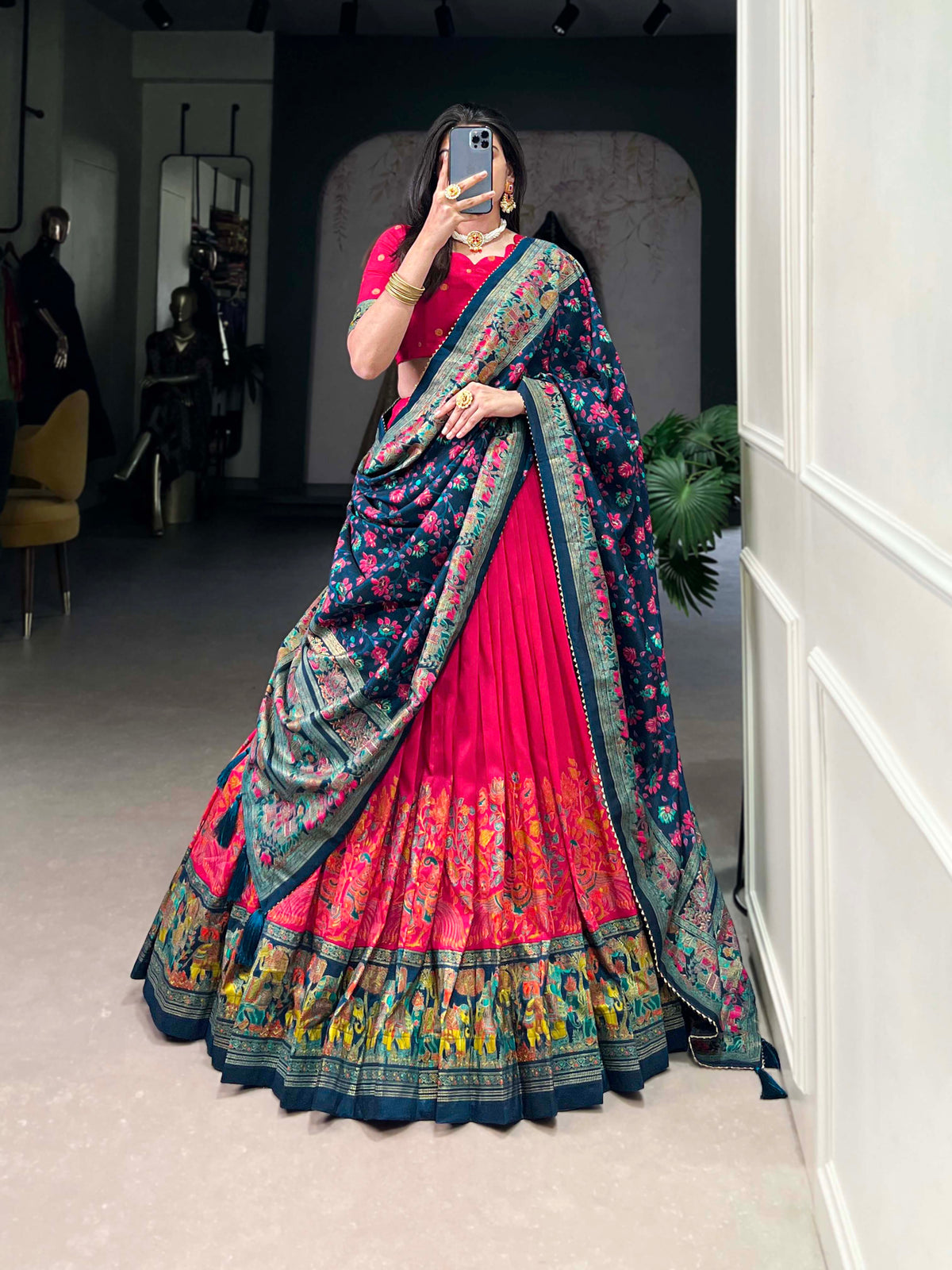 Lorenvalley Pink Tussar Silk Printed With Foil Work Lehenga Choli with Dupatta | Grocsy
