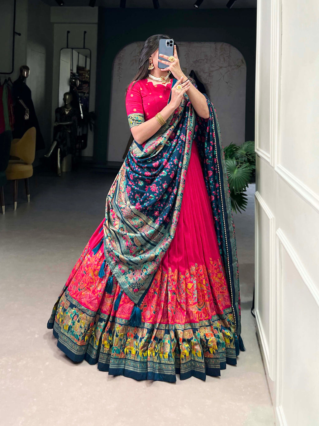 Lorenvalley Pink Tussar Silk Printed With Foil Work Lehenga Choli with Dupatta | Grocsy