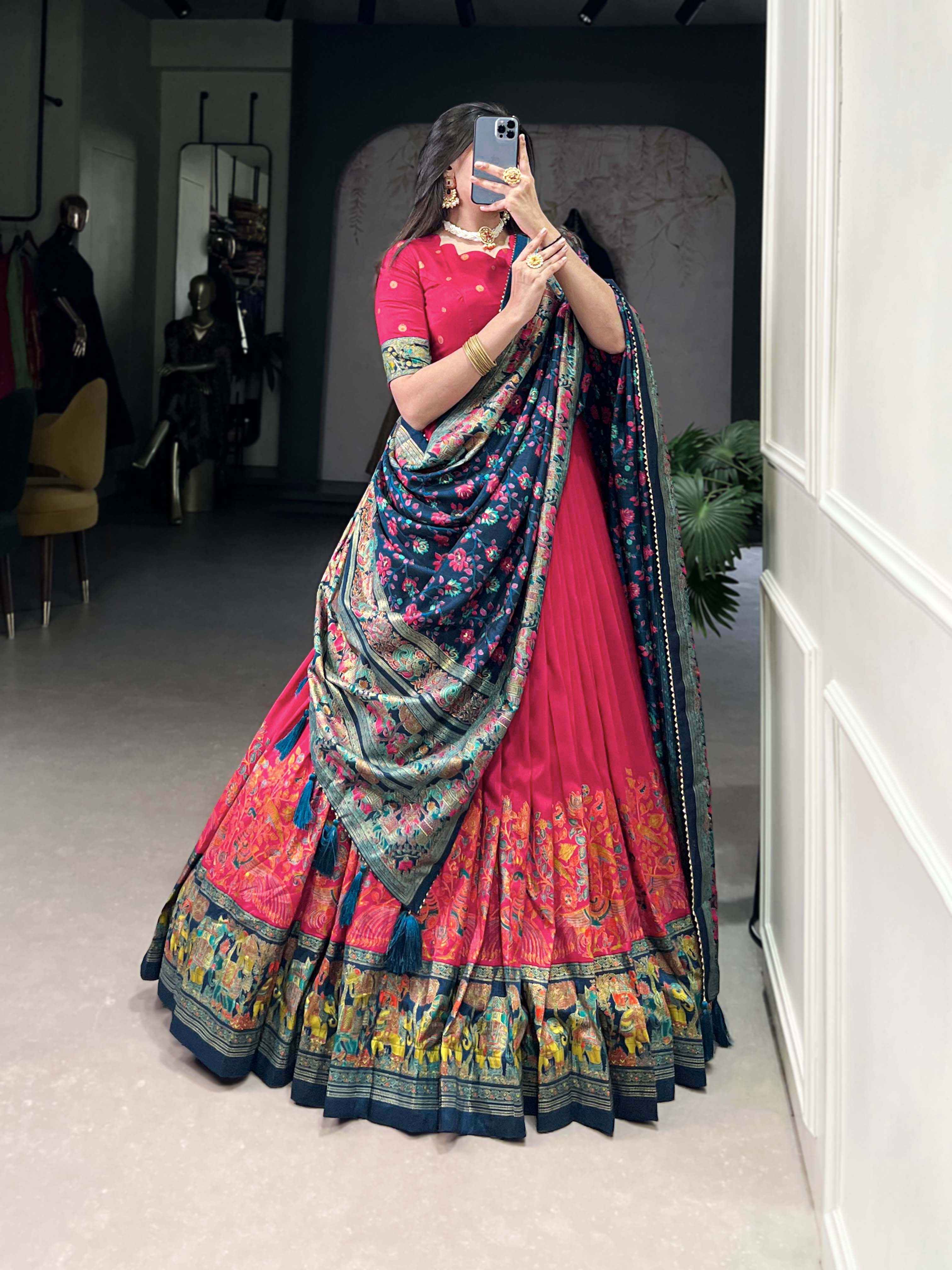 Lorenvalley Pink Tussar Silk Printed With Foil Work Lehenga Choli with Dupatta | Grocsy