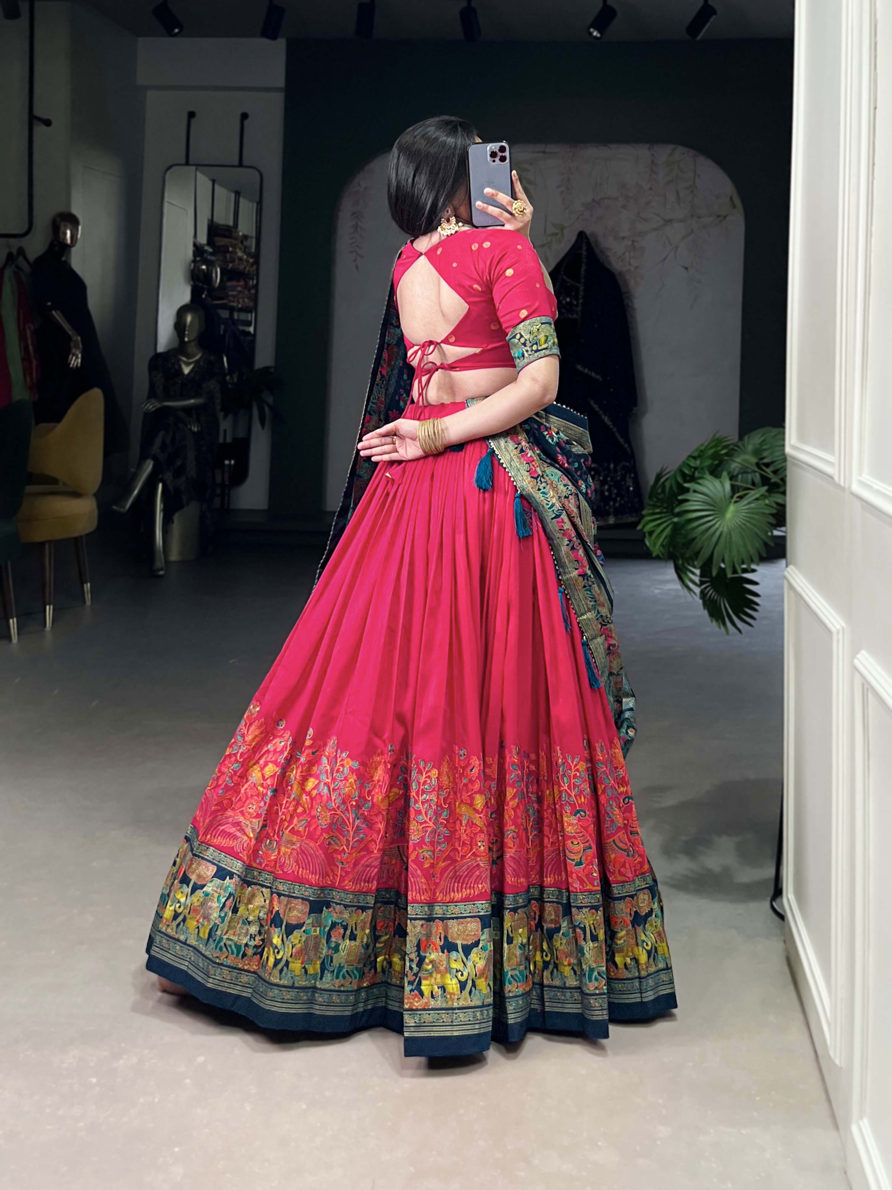 Lorenvalley Pink Tussar Silk Printed With Foil Work Lehenga Choli with Dupatta | Grocsy