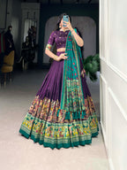 Lorenvalley Purple Tussar Silk Printed With Foil Work Lehenga Choli with Dupatta | Grocsy