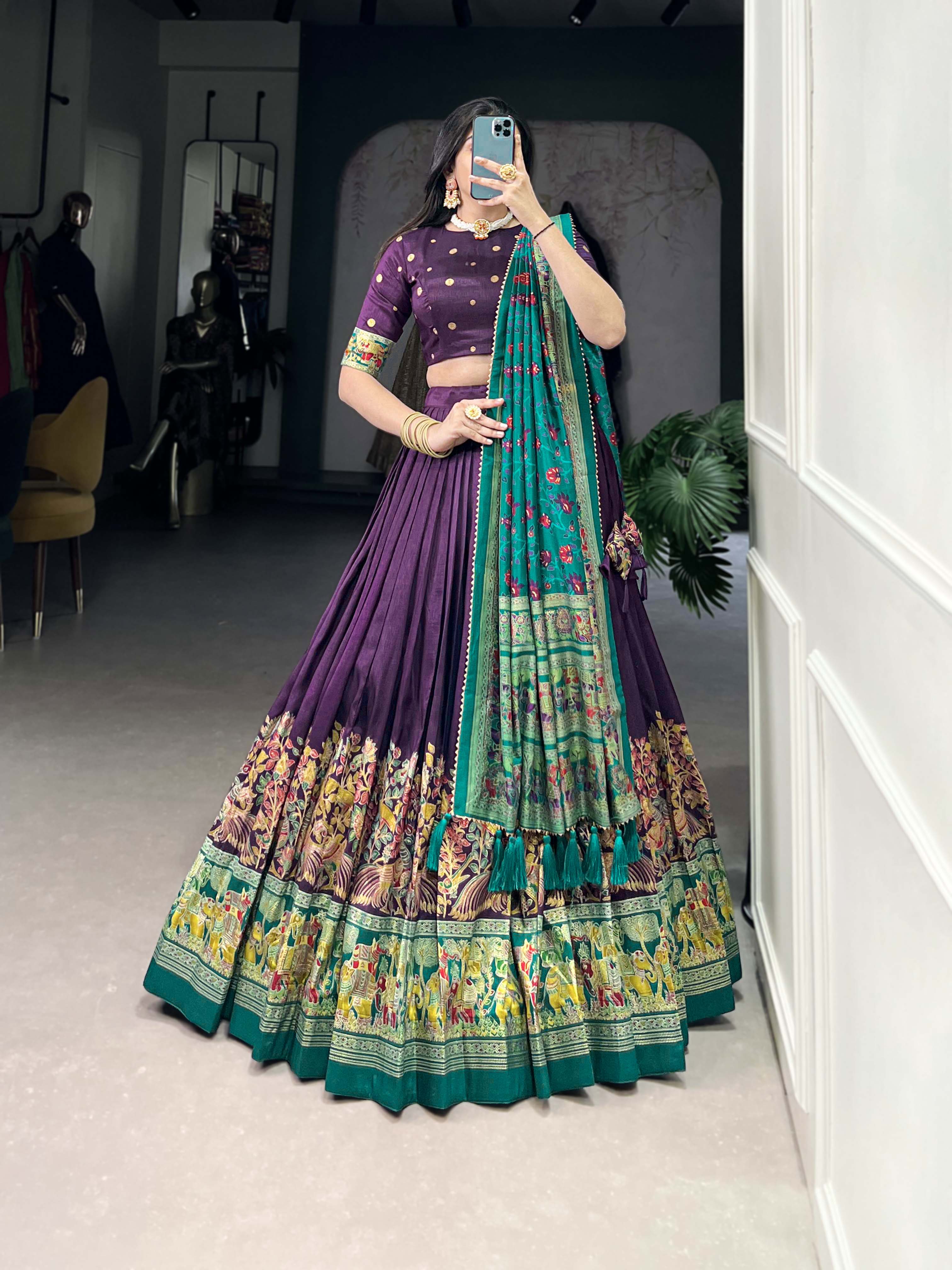 Lorenvalley Purple Tussar Silk Printed With Foil Work Lehenga Choli with Dupatta | Grocsy