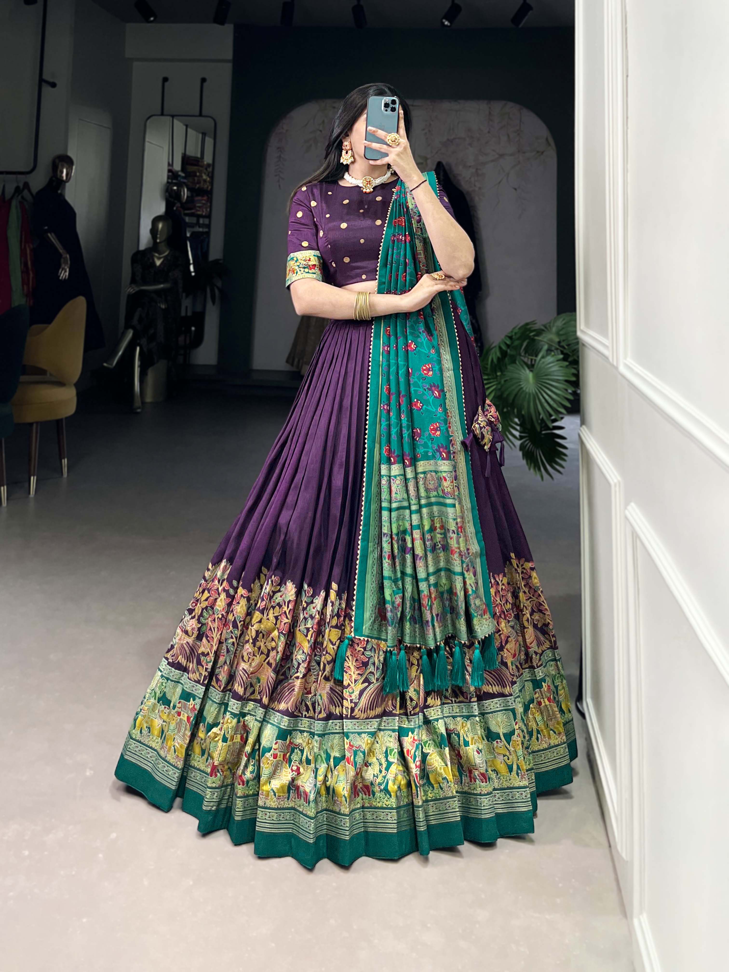 Lorenvalley Purple Tussar Silk Printed With Foil Work Lehenga Choli with Dupatta | Grocsy