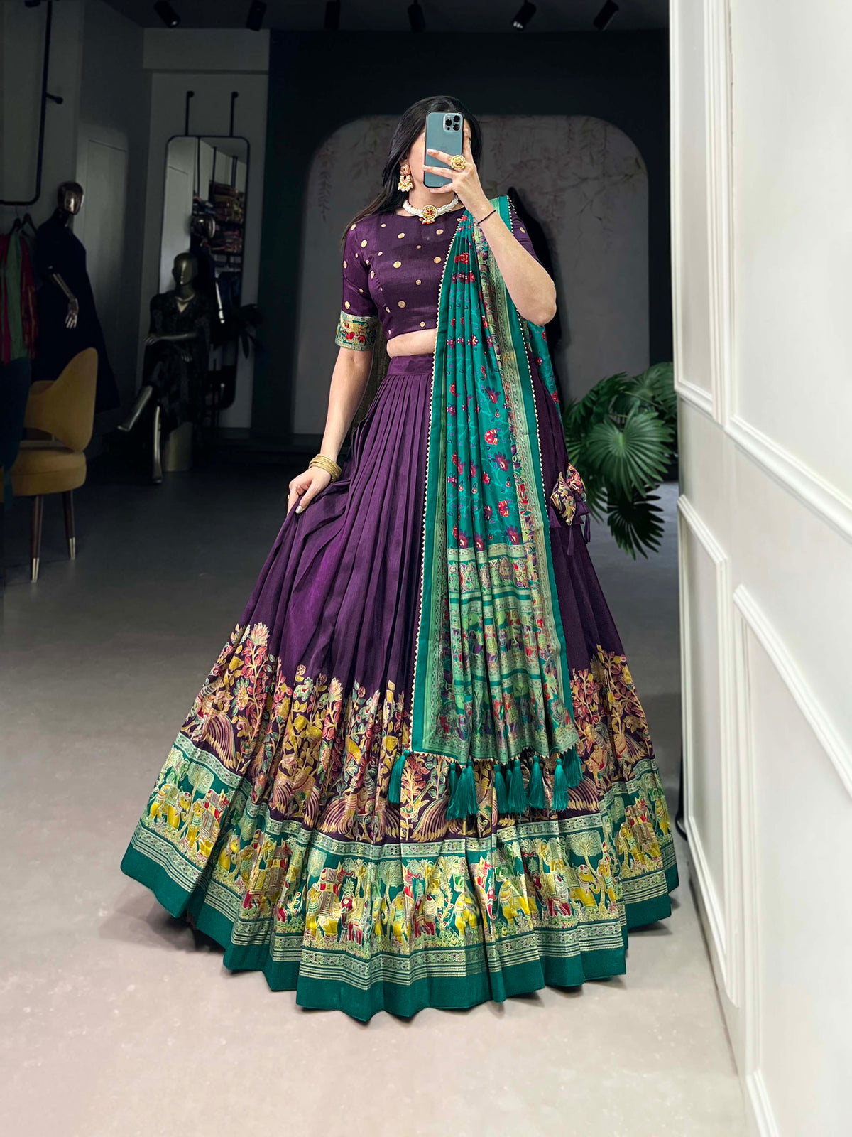Lorenvalley Purple Tussar Silk Printed With Foil Work Lehenga Choli with Dupatta | Grocsy