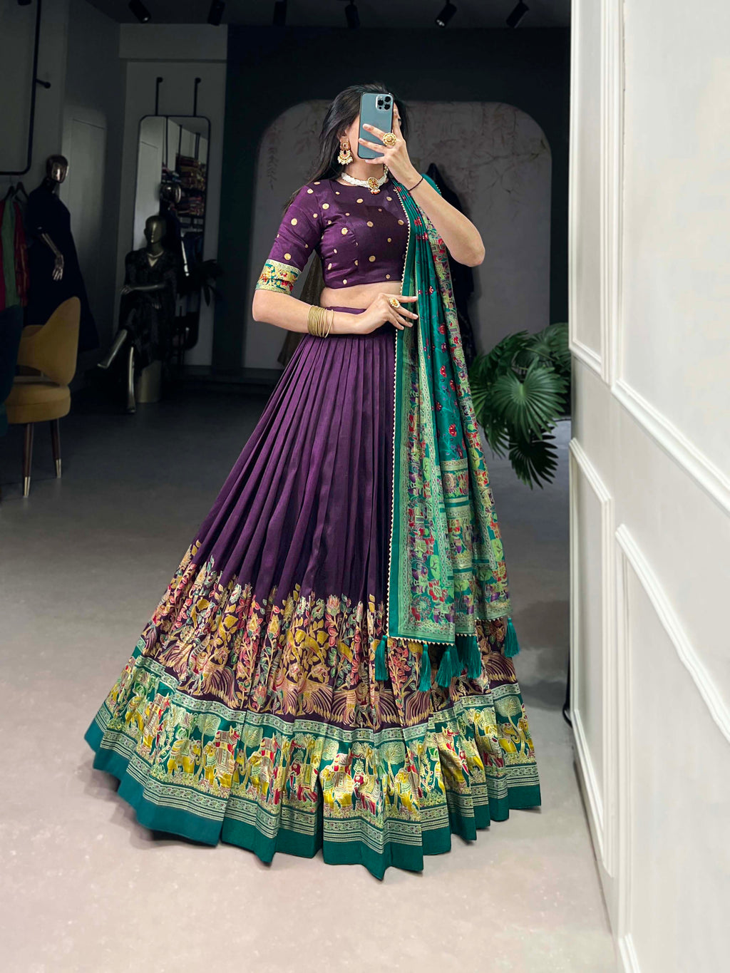 Lorenvalley Purple Tussar Silk Printed With Foil Work Lehenga Choli with Dupatta | Grocsy