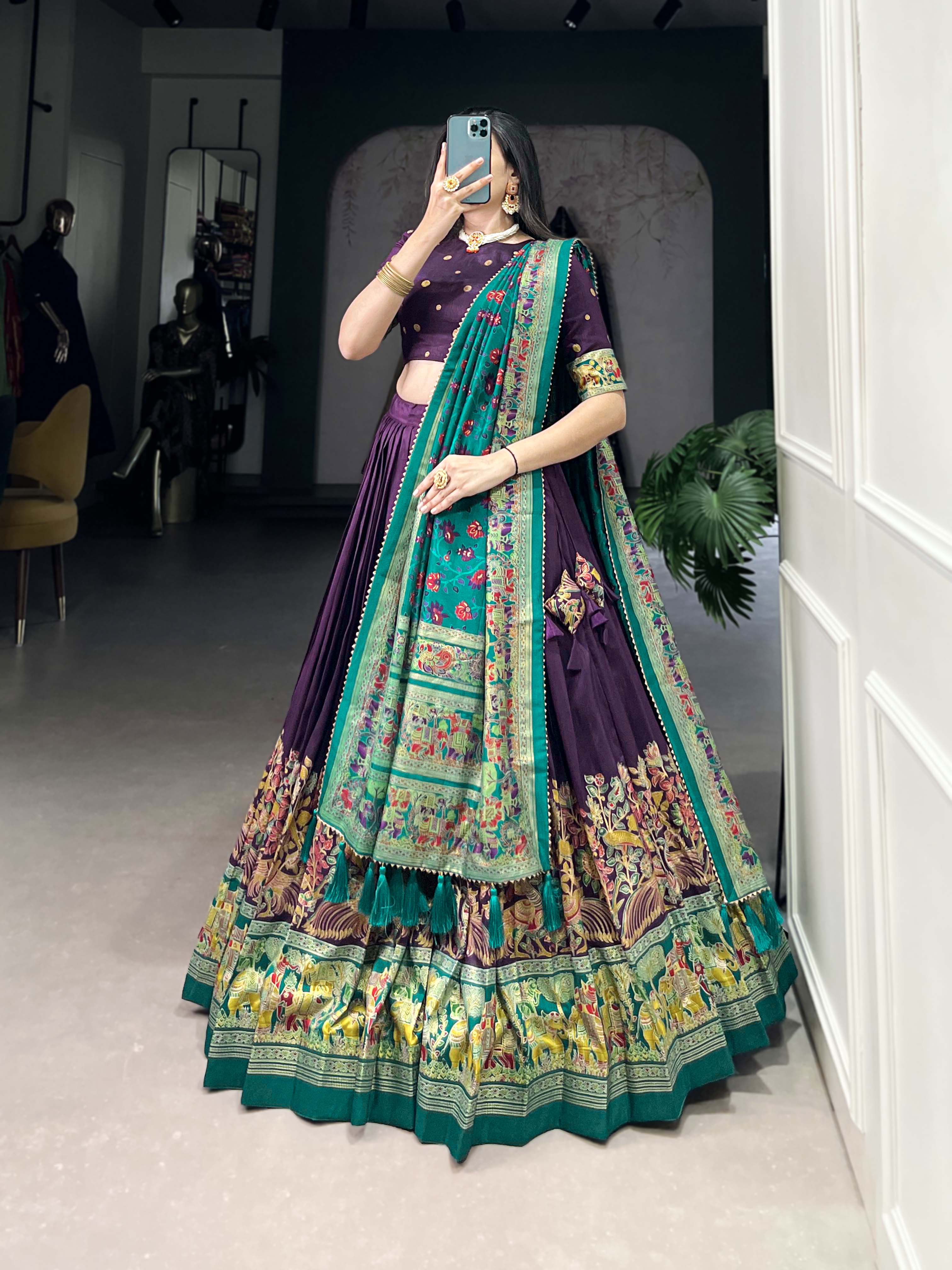 Lorenvalley Purple Tussar Silk Printed With Foil Work Lehenga Choli with Dupatta | Grocsy