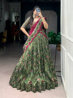 Lorenvalley Fashion Green Tasar Silk Gilded Motif Foil Printed Lehenga Choli with Dupatta | Grocsy
