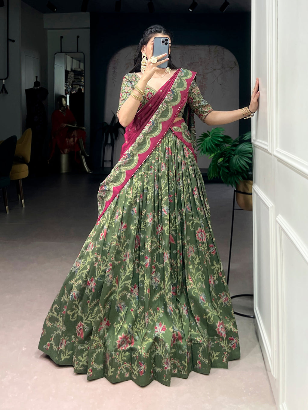 Lorenvalley Fashion Green Tasar Silk Gilded Motif Foil Printed Lehenga Choli with Dupatta | Grocsy