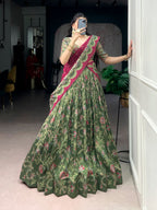 Lorenvalley Fashion Green Tasar Silk Gilded Motif Foil Printed Lehenga Choli with Dupatta | Grocsy