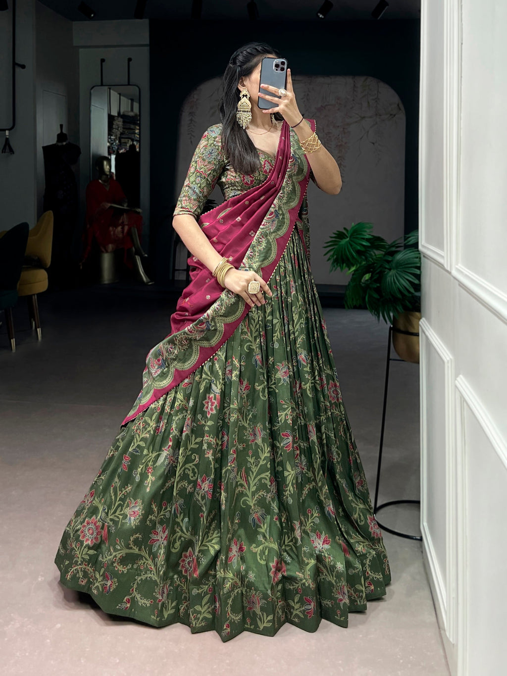 Lorenvalley Fashion Green Tasar Silk Gilded Motif Foil Printed Lehenga Choli with Dupatta | Grocsy