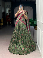 Lorenvalley Fashion Green Tasar Silk Gilded Motif Foil Printed Lehenga Choli with Dupatta | Grocsy