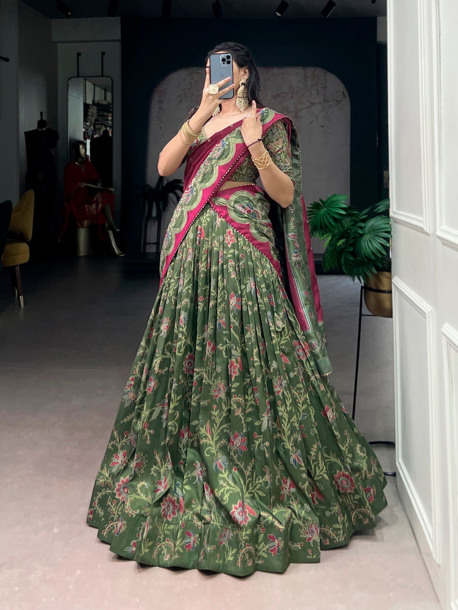 Lorenvalley Fashion Green Tasar Silk Gilded Motif Foil Printed Lehenga Choli with Dupatta | Grocsy