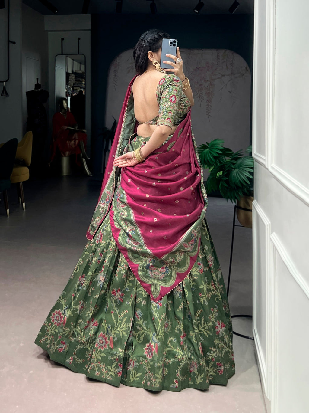 Lorenvalley Fashion Green Tasar Silk Gilded Motif Foil Printed Lehenga Choli with Dupatta | Grocsy