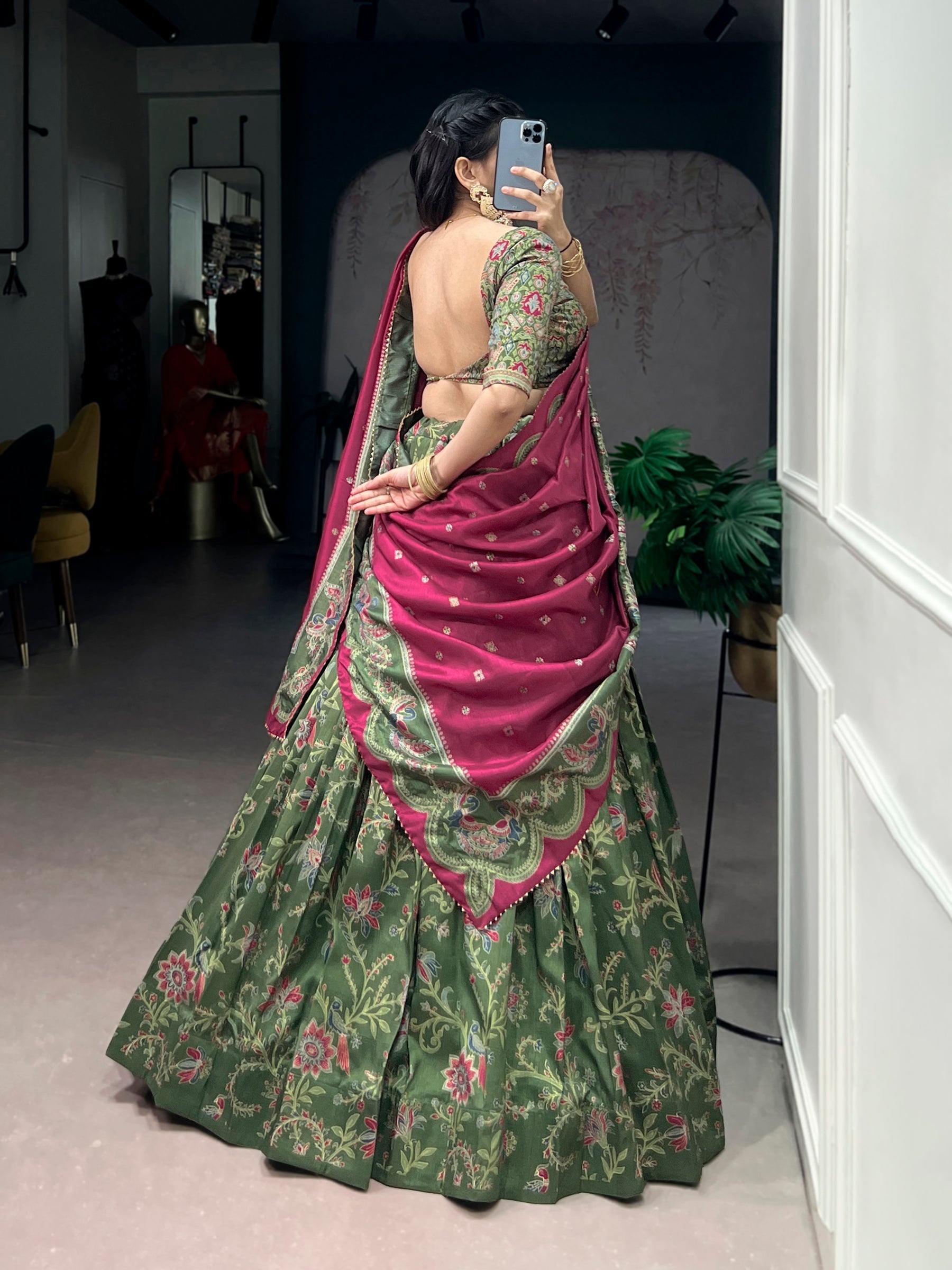 Lorenvalley Fashion Green Tasar Silk Gilded Motif Foil Printed Lehenga Choli with Dupatta | Grocsy